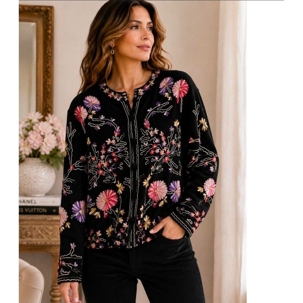 Boston Proper Large Black Wool Jacket‎ Floral Embroidered Artsy Lagenlook Sz L